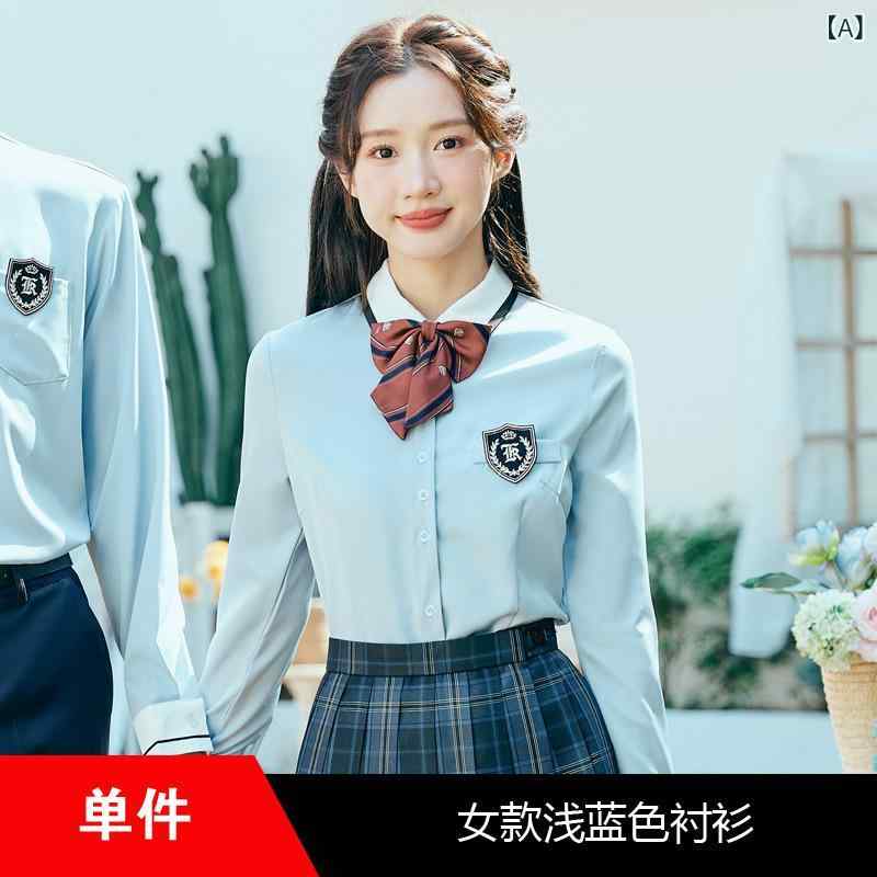 樂天商城 - レディース メンズ JK制服 セットアップ シャツ 百褶スカート 長袖 短袖 ブルー ホワイト グレー チェック柄 ポリエステル 気質 洋気 英倫風 通勤 OLスタイル キャンパス 学院風 ワークウェア 気質 優雅 短め丈 普通袖 三分袖
