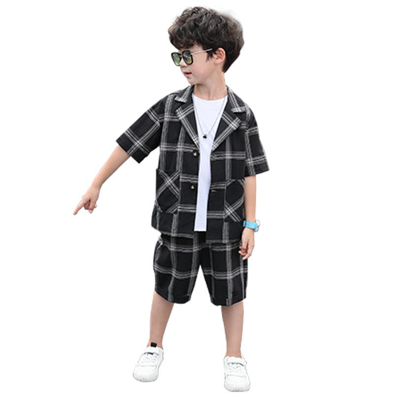 Rakuten - 男の子 夏服 セットアップ 英倫風 礼服 西装 3点セット 長袖 外套 短パン 背心 格子柄 黒 薄手 柔らかい ポリエステル混紡 涼しい フォーマル 通学 イベント
