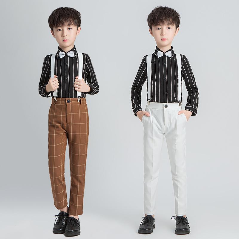 乐天商城 - 子供 礼服 男の子 秋 春 演出 英倫風 学生服 花童 ピアノ 表演服 セット 白 黒 赤 黄 格子 条紋 背带 領結 コットン 混紡 酵素洗 慶典 ユニセックス 中小童 90cm 100cm 110cm 120cm 130cm 140cm 軽量 通気性
