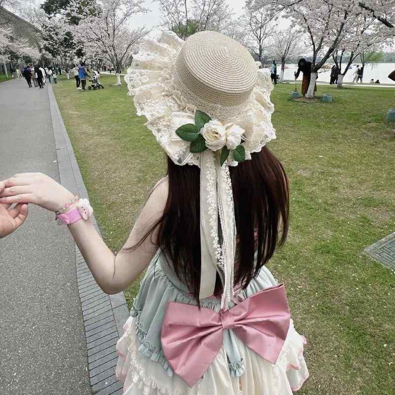Panama Hats - 草帽 レディース 花柄 草編み かわいい ロリータ風 大檐 丸頂 米色 卡其色 夏 春 秋 防晒 遮阳 透気 折りたたみ 可愛い風 田園風 自然風 清新 甘美 涤纶 聚酯繊維 ビーチ 旅行 海辺