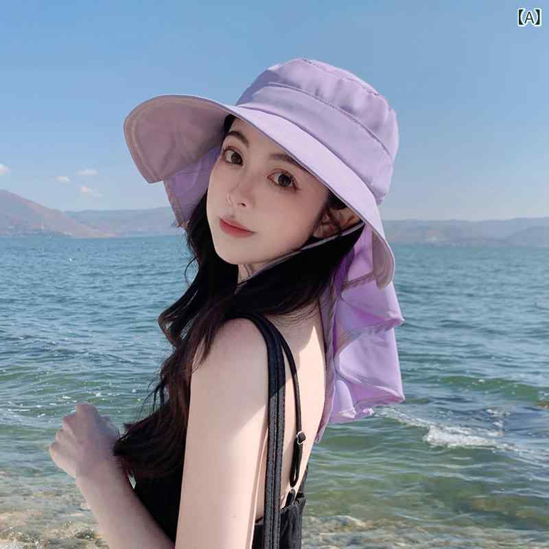 Straw Hat - 漁夫帽子 春夏 女性用 大帽檐 ショール 付き ポニーテール穴 防晒 遮阳 透気 ポリエステル 紫 卡其 黒 ピンク かわいい 軽量 通勤 普段使い カジュアル