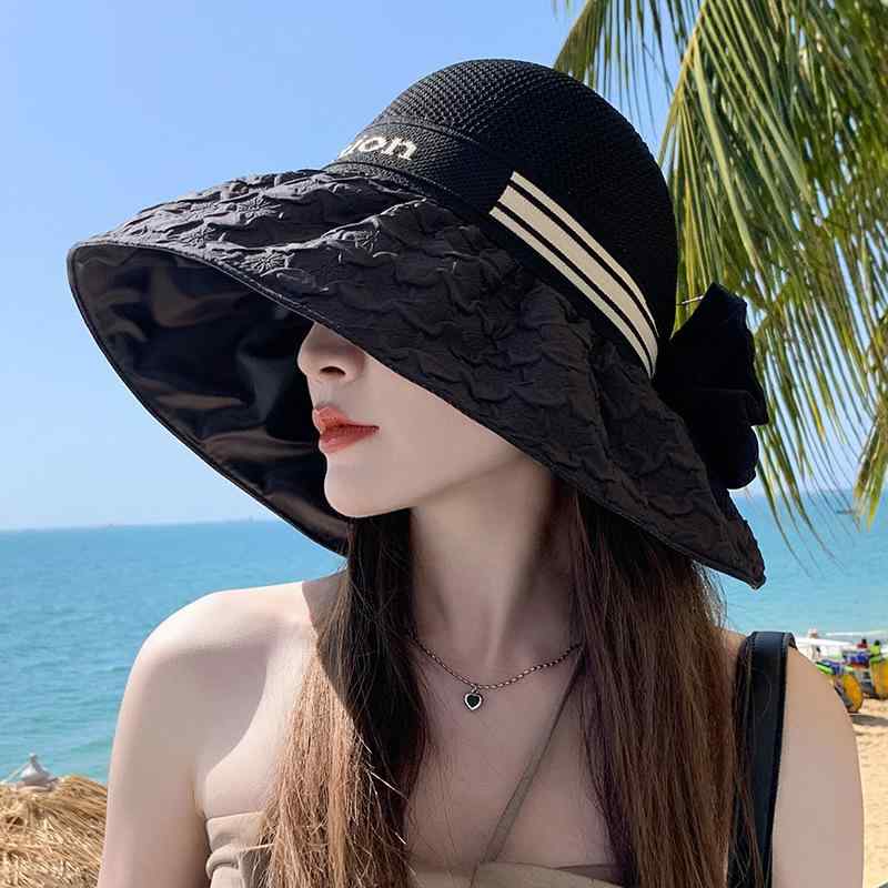 Straw Hat - ニット帽子 女性用 韓国風 UVカット 折りたたみ 透気性 防晒 蝶結び フィッシャーマンズハット 大帽檐 黒 米白 黄色 ピンク 卡其 夏 春 ファッション OL 風 黒ゴム素材 防風 遮光 調整可能