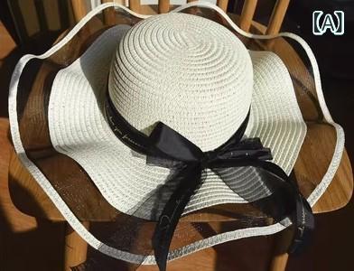 Panama Hats - 麦わら帽子 レディース 夏 麦わら 大檐 網目 透気 蝶結び 波状縁 折りたたみ 風縄 調整不可 銅アンモニア繊維 遮陽 ナチュラル かわいい 甘め 花柄 葉柄 ミルク ピンク ネイビー カーキ ビーチ 屋外 防紫外線