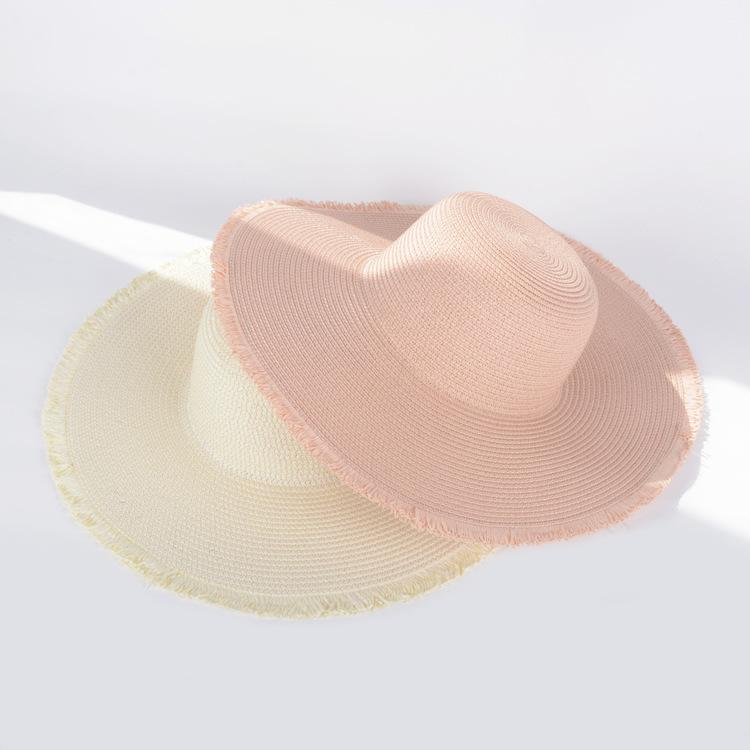 Straw Hat - 麦わら帽子 レディース 大つば フリンジ 折りたたみ 防晒 透気性 風防 遮光 海辺 度假 沙滩 女の子 紙草 ミルクホワイト ベージュ カーキ ピンク ネイビー