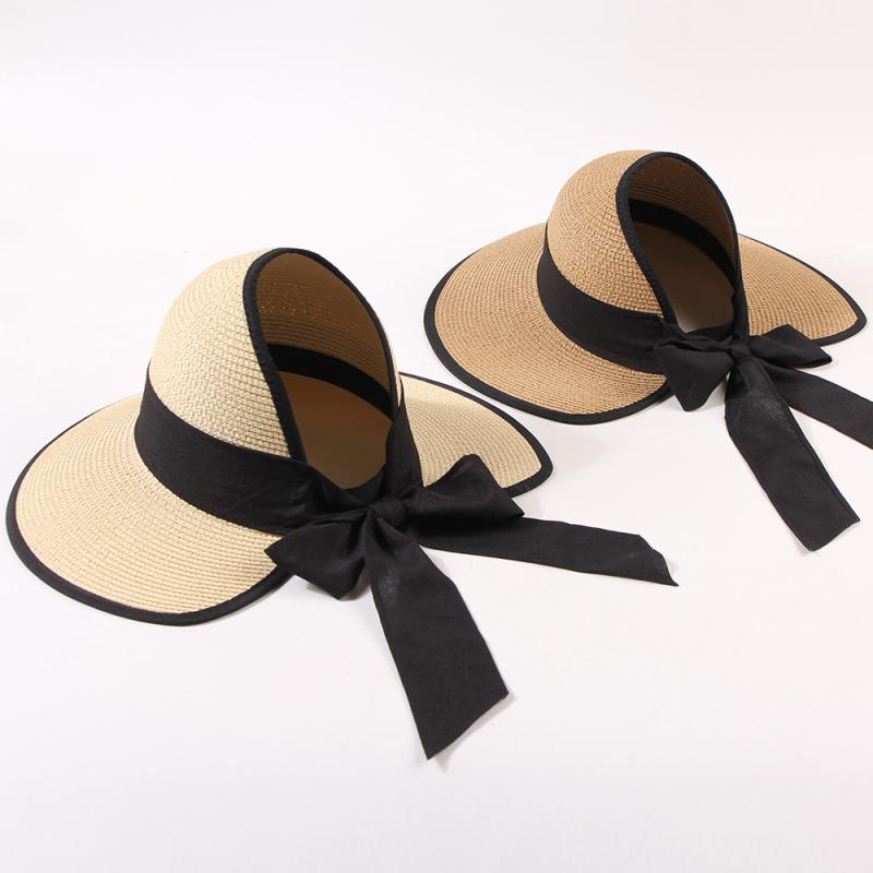 Straw Hat - 麦わら帽子 レディース 夏 春 空頂 大檐 防晒 遮陽 蝶結 リボン 折りたたみ 紙素材 ミルクホワイト ピンク ベージュ カーキ ネイビー 旅行 ビーチ 外出 休日 ファッション シンプル 百搭 優雅 OL スタイル 軽量 通気性