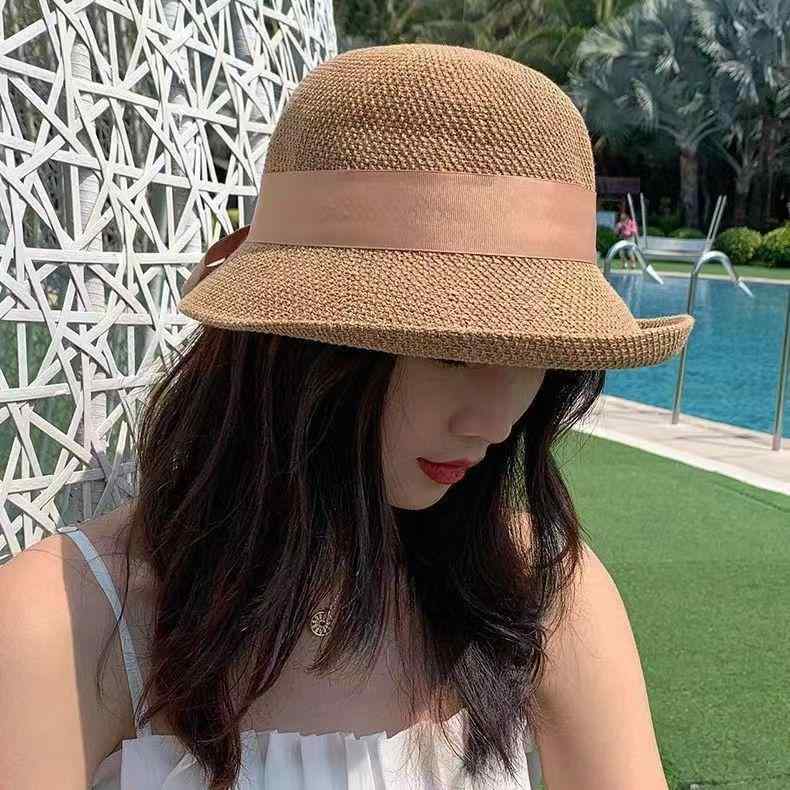 樂天商城 - 麦わら帽子 女性用 夏 紫外線カット 折りたたみ 防晒 透気性 遮陽 大つば 丸頂 かき 黒 ピンク ベージュ キャラメル色 コットン ポリエステル 百搭 優雅 ファッション OL 風 通勤 スタイル 軽量 ハット キャップ サマーハット ビーチハット