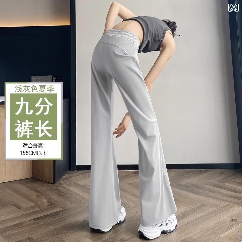 Long Pants - 女性用 マイクロフレアパンツ 夏 薄手 高腰 長ズボン 垂れ感 防晒 接触冷感 速乾 運動パンツ ナイロン スパンデックス 中弾性 日韓カジュアル 軽量 伸縮性 浅灰 黒 普段使い アウトドア