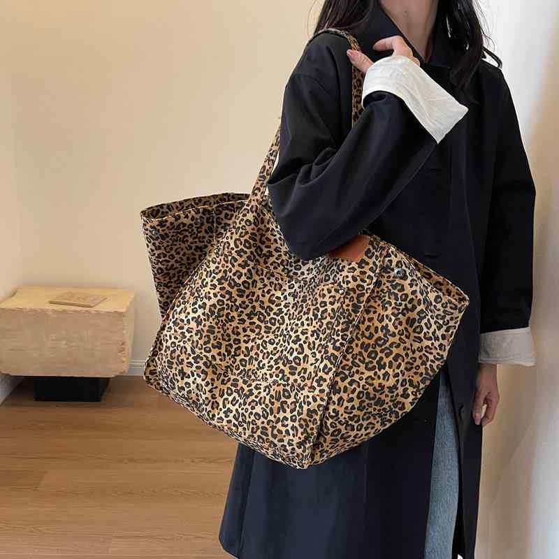 樂天商城 - トートバッグ ヒョウ柄 大容量 帆布 横型 黒 ブラウン 街頭スタイル 春季 布 ポリエステル裏地 ソフト ダブルショルダー 日常 通勤 シングルショルダー プリント