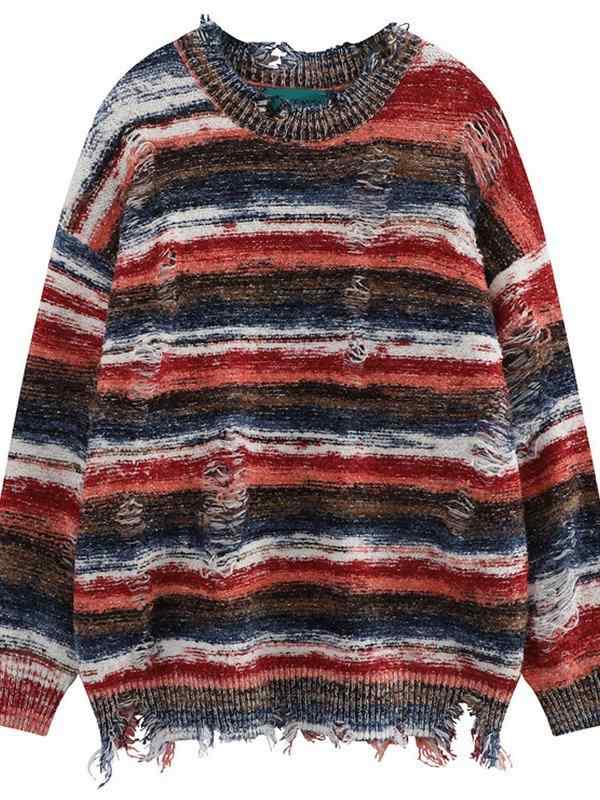 Knit Sweater - ニットセーター メンズ レディース 条紋 破れ デザイン 秋冬 セットアップ風 トップス 韓流 スタイル ワイド ルーズ フィット 丸首 長袖 ポリエステル 繊維 100 ％ 切り替え カラー 日常 使い 青少年 向け ブルー 赤 グレー