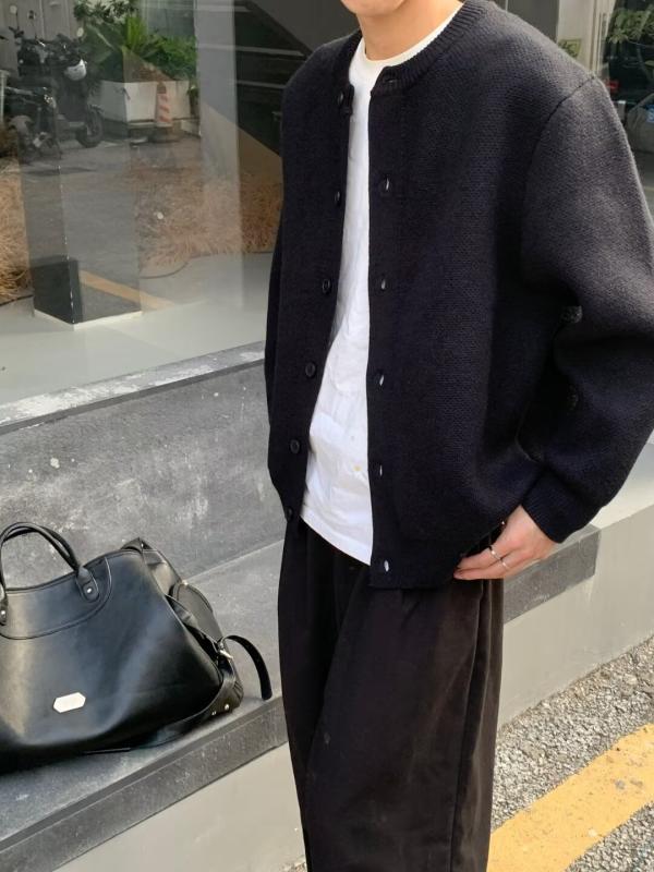 Long-Sleeved - メンズ ニット カーディガン 開衫 丸首 長袖 ゆったり シルエット 黒 グレー 腈纶 混紡 素材 ロケン 裾 デザイン 通勤 スタイル 旅行 用途 青少年 向け オールシーズン アイテム トレンド ルーズ フィット トップス 軽やか 着こなし コーディ