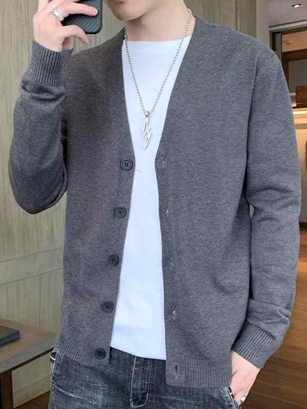 Knit Sweater - ニット カーディガン メンズ 毛織り ジャケット アウター 韓国風 トレンド ルーズフィット Vネック 長袖 秋冬 切り替え デザイン ポリュエステル 素材 黒 杏 グレー 緑 青年 向け ゆったり スタイル 軽やか 暖かみ 日常 使い ラフ コーデ