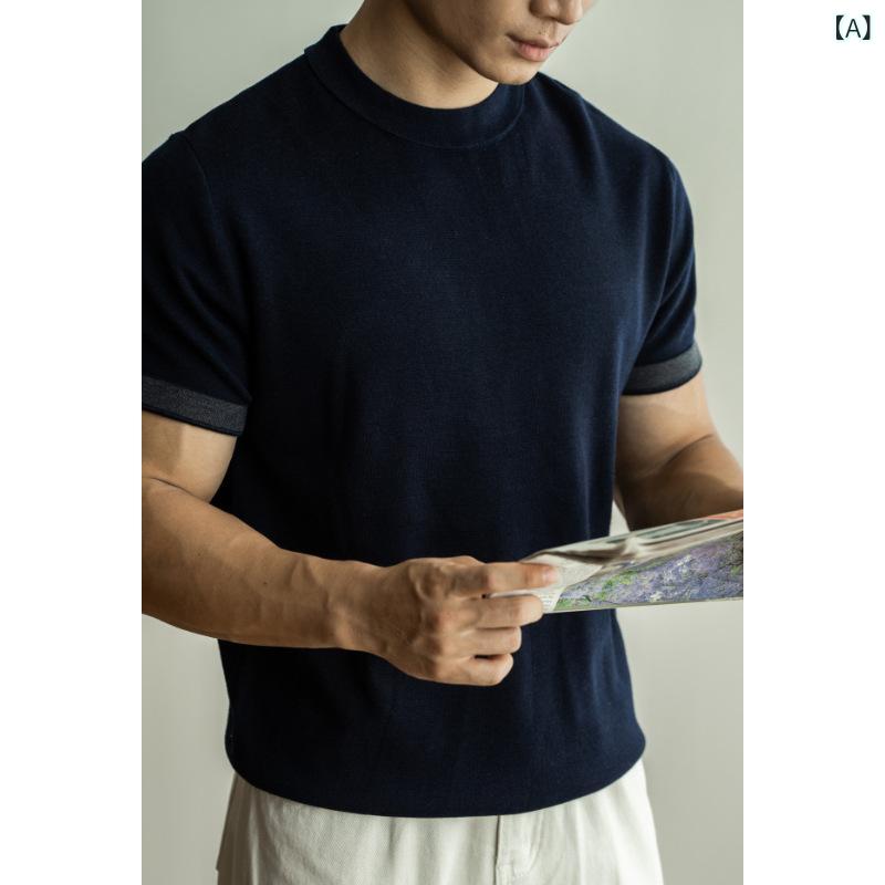 メンズ 短袖 ニット Tシャツ インナー トップス 修身型 ラウンドネック 普通厚 基礎 ソリッドカラー 透気 機洗可 日常 青年 ニット ナイロン 混紡 アクリル 混紡 レーヨン 混紡 絹 混紡 羊毛 混紡 平上青 馬鞍棕