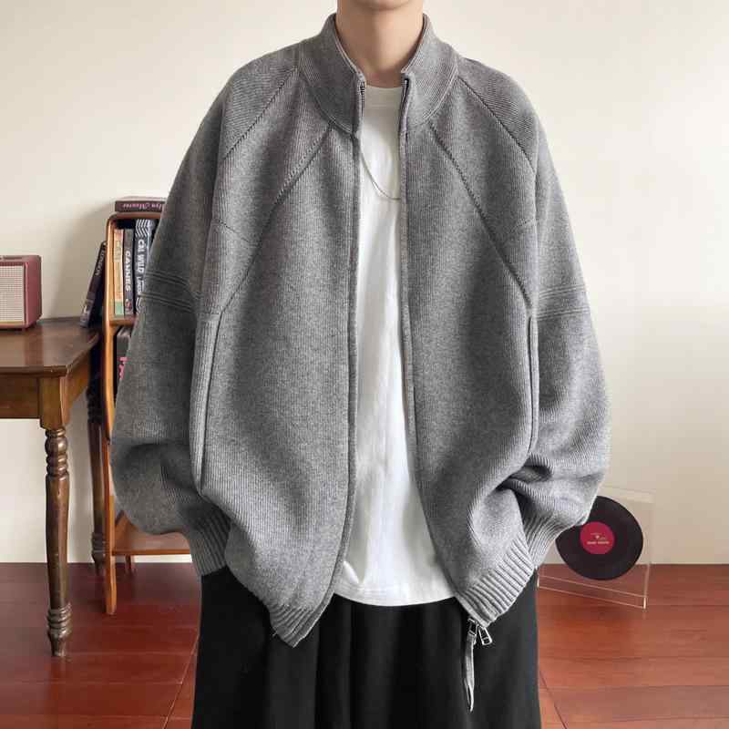 Knit Sweater - メンズ カーディガン 針織 开衫 外套 日系 拉链 宽松 毛衣 休闲 上衣 透気 化纤混紡 ポリエステル100% 立领 長袖 普通厚 学院風 ロブ底辺 秋季 日常 青少年 灰 黒 青年