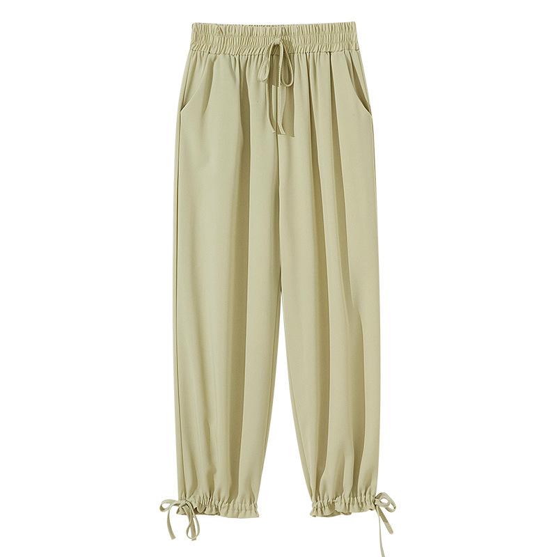 Cropped Pants - レディース ハーレムパンツ 春夏 接触冷感 薄手 垂感 ワイドレッグ 束脚 高腰 灯笼パンツ 果緑 杏 ピンク 黒 ポリエステル 微弾性 抽褶 系帯 九分丈 気質 通勤 都市 スタイル 気質 優雅 源頭工場 吊牌 領標 クロスボーダー