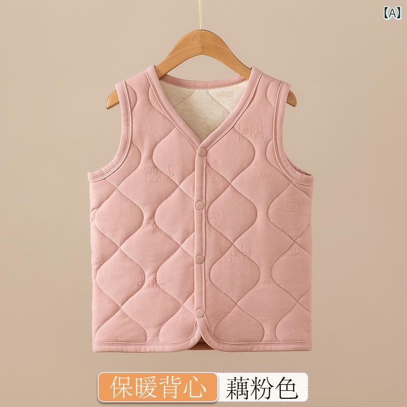 キッズ 保暖 インナー 背心 秋冬 男の子 女の子 加厚 綿服 打底 馬甲 セット 柔軟 起毛 ポリエステル 繊維 Vネック シングルブレスト ストライプ ソリッド ピンク 紫 グレー カーキ 3-8歳 110-140cm かわいい 英倫 プリンセス ス
