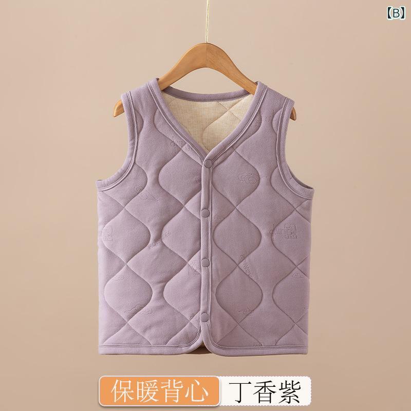 キッズ 保暖 インナー 背心 秋冬 男の子 女の子 加厚 綿服 打底 馬甲 セット 柔軟 起毛 ポリエステル 繊維 Vネック シングルブレスト ストライプ ソリッド ピンク 紫 グレー カーキ 3-8歳 110-140cm かわいい 英倫 プリンセス ス 2