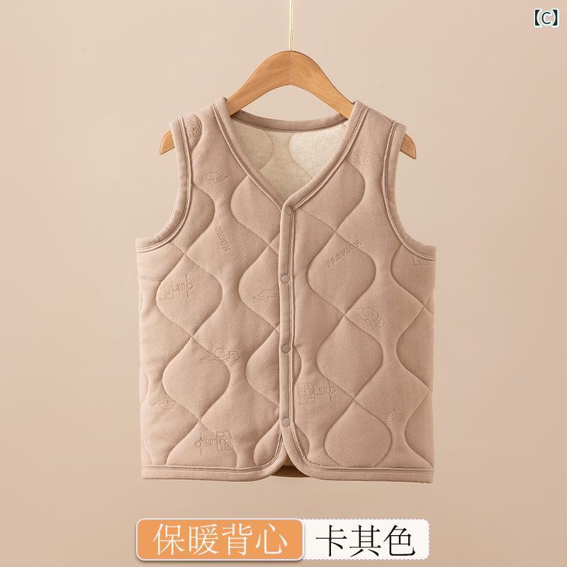 キッズ 保暖 インナー 背心 秋冬 男の子 女の子 加厚 綿服 打底 馬甲 セット 柔軟 起毛 ポリエステル 繊維 Vネック シングルブレスト ストライプ ソリッド ピンク 紫 グレー カーキ 3-8歳 110-140cm かわいい 英倫 プリンセス ス 3
