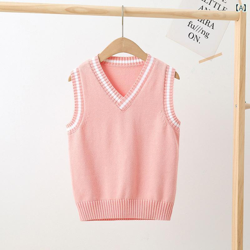 Knit Sweater - キッズ メンズ レディース ニット ベスト 背心 毛衣 幼稚園 校服 春秋 秋冬 英伦風 針織 学院風 条紋 純色 綿 保暖 柔軟 セット 頭 無帽 運動 ピンク 深藍 白 酒紅 黄 灰 浅藍 緑 110cm 120cm 130cm 140cm 150c