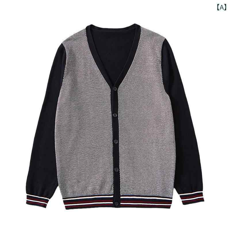 Knit Sweater - キッズ ニットカーディガン 長袖 開襟 Vネック 綿100% 柔らか素材 防紫外線 条紋 純色 切り替え 学院風 運動スタイル 英倫風 潮感 親子コーデ メンズ レディース 男の子 女の子 中大童 120cm 130cm 140cm 150cm 160c