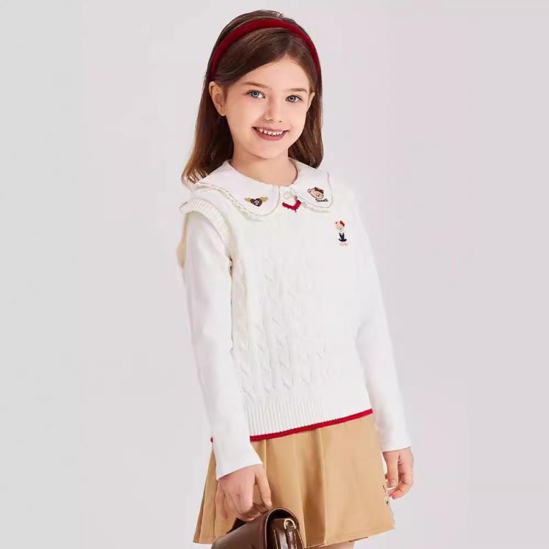 Knit Sweater - キッズ ニット トップス 男の子 女の子 長袖 Vネック 綿100 薄手 柔らかい かわいい 卡通 熊柄 学院風 韓国風 スポーツ 春 秋 白 紺