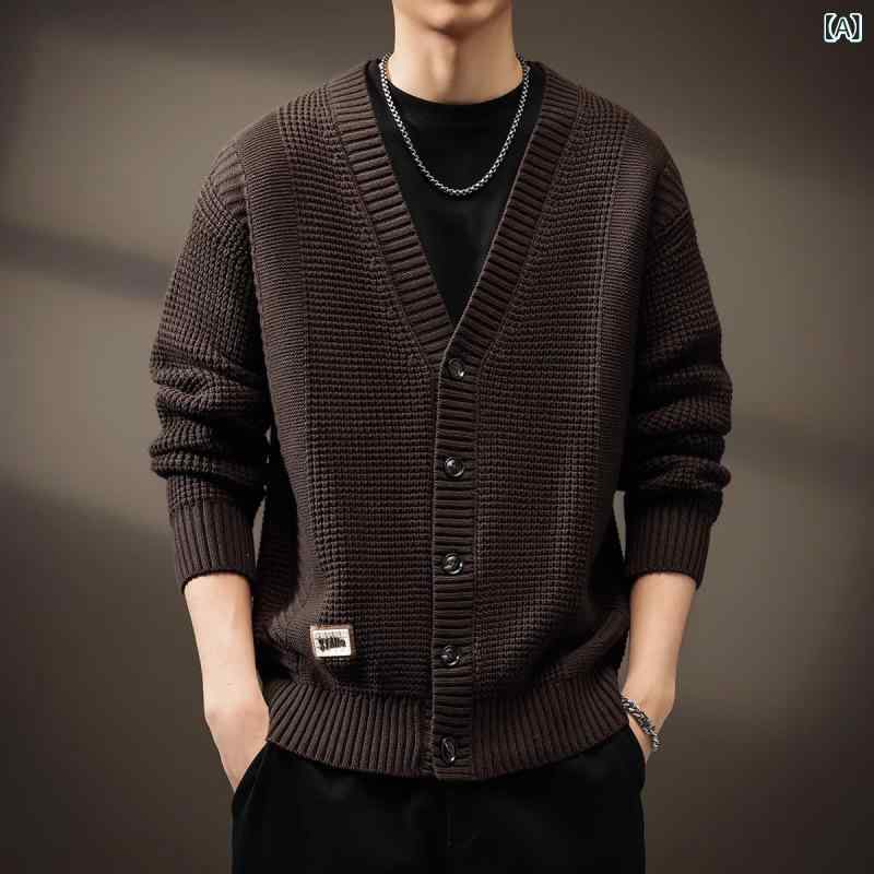 Knit Sweater - ニット カーディガン メンズ Vネック 長袖 深咖 コットン混紡 ポリエステル 混紡 ゆったりシルエット 提花柄 染色加工 青春流行 ティーン向け 秋 カジュアル トップス 軽量 柔らかい素材 伸縮性 日常使い