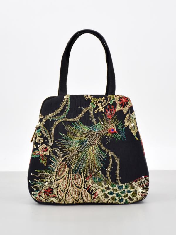 Tote Bag - 手提包 レディース 刺繍 帆布 ポストマン バッグ 小型 縦型 方形 ダブルポケット 大容量 孔雀 柄 刺繍 花柄 キャンバス 布地 ポリエステル 裏地 中硬度 立体ポケット ジッパー 開閉 ジッパー内ポケット 携帯ポケット カードポケット ダブルストラ