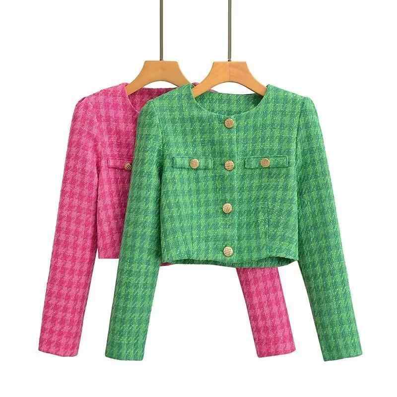 Other Jackets Jumpers - レディース 小西装 短め ジャケット 緑 長袖 丸首 復古風 気質 優雅 スタイル ポリエステル 素材 芸術的 トップス コート 秋季 日常使い 軽量 シルエット