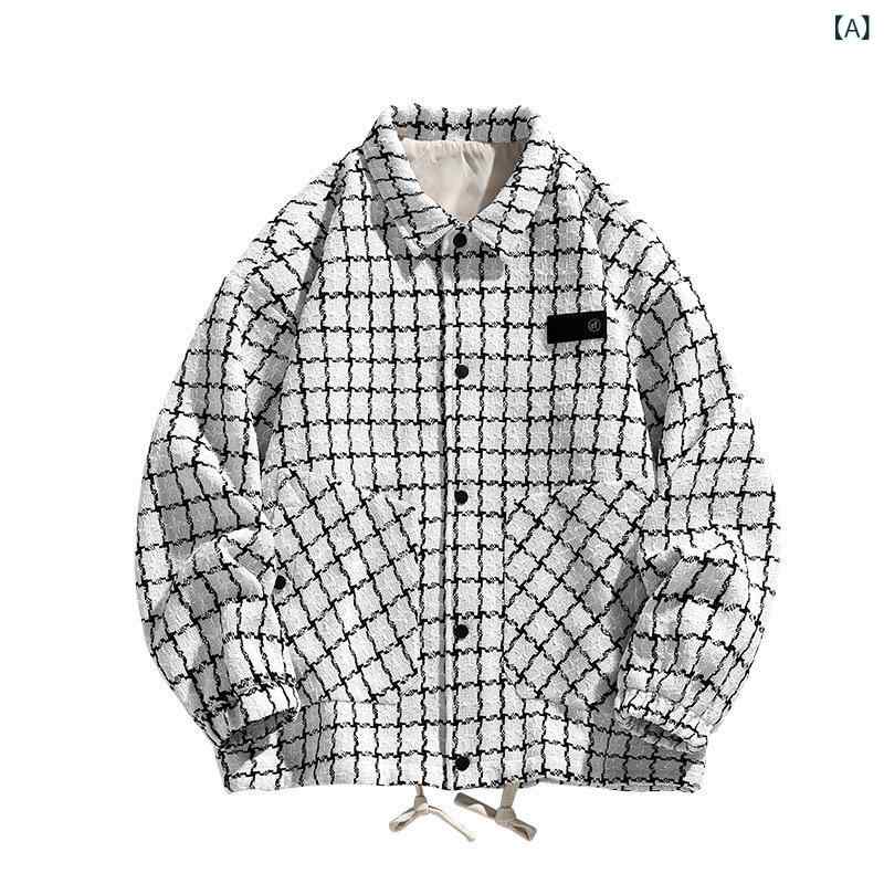 Coat - メンズ ジャケット ニット素材 コート 春秋 格子柄 切り替え 翻領 シングルブレスト ワイドシルエット 透気性 吸湿速乾 ポリエステル 100% ライニング ポリエステル 100% ルーズフィット 青少年向け 都市スタイル 韓国風 カジュアル 日常使い