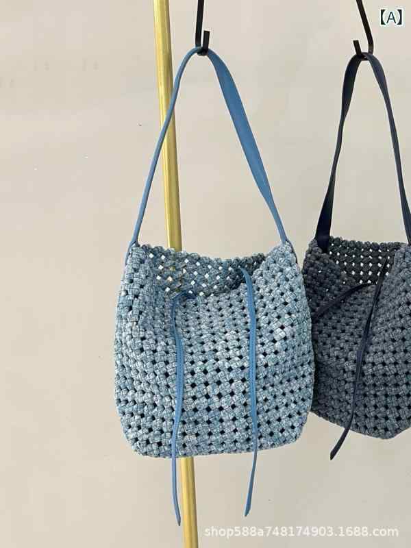 乐天商城 - バケットバッグ 女性用 デニム 編み込み 手提げ シングルショルダー トートバッグ 大容量 真皮 切り替え ソフト 開口部 携帯ポケット 雪花ブルー ライトブルー 赤 黒 ホワイト ブラウン グレー グリーン 夏 大きめ 日常使い 軽量 キャンバス裏地