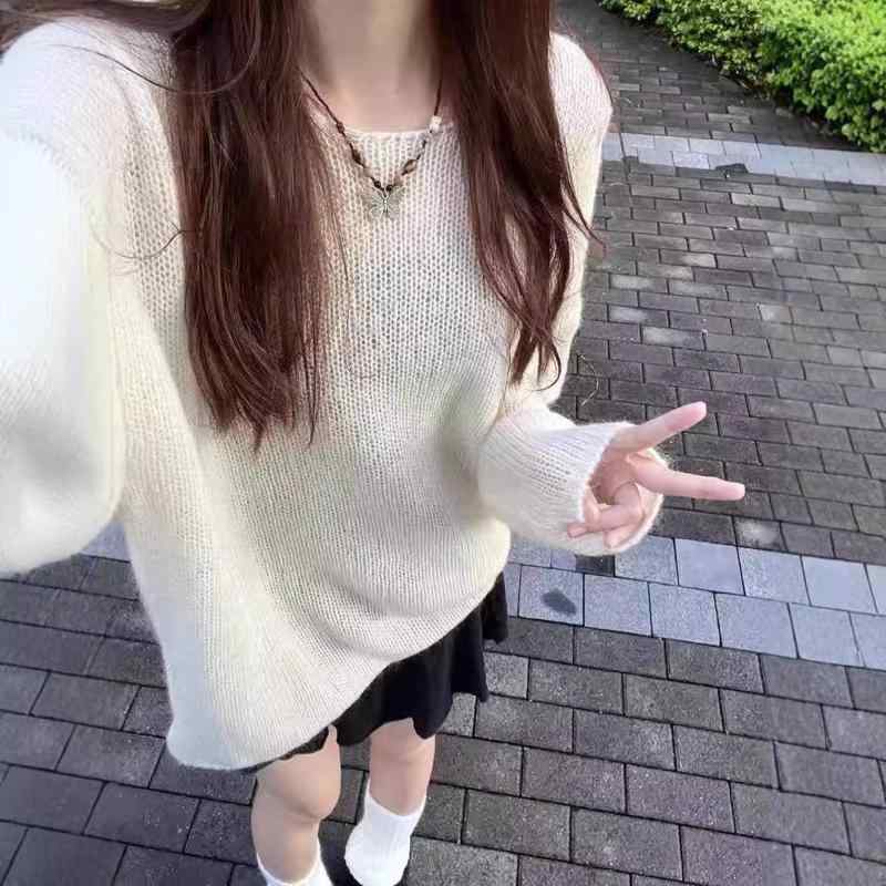 Three-Quarter Knit - ニット トップス レディース 長袖 透け感 ラウンドネック 青 白 薄手 ポリエステル 秋 切り替え デザイン ゆったり シルエット インナー シャツ 打底 衫 免烫 処理 清新 スタイル 快適 休闲