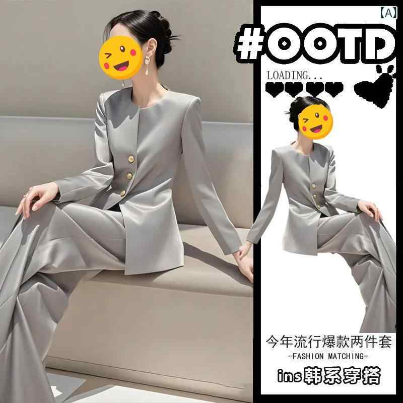 Rakuten - レディース 西装 セットアップ ジャケット ロングパンツ 気質 通勤 スーツ 軽量 高級感 ポケット ポリエステル 長袖 グレー 優雅 フォーマル ビジネス 普段使い 女性用 洗練 洗える