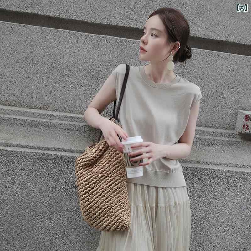 樂天商城 - 針織トップス レディース 無袖 セットインスリーブ ワイドシルエット 低丸首 プルオーバー 羊毛混紡 単色 気質 通勤風 森米色 黒 白 春季 オフィス 日常使い 軽量 柔らかい 肌触り 伸縮性