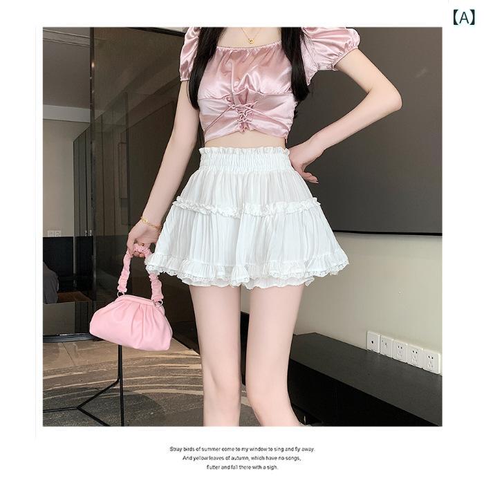 スカート 女性用 夏 半身 花苞 短 ハイウエスト レース フリル 包臀 防走光 ポッテッド ポリエステル 白 黒 私服 名媛 御姐 無弾力 涼感 軽量 百搭 显瘦 かわいい 普段使い 通勤 デイリー スタイリッシュ シルエット フレア 膝上 膝丈 ミデ