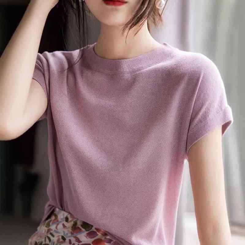 Tシャツ レディース 春夏 銀灰 ピンク 杏 接触冷感 短袖 丸首 飛袖 ニット 透け感 修身 シルク加工 純色 銀糸 気質 かわいい スリム トップス 韓国風 休闲