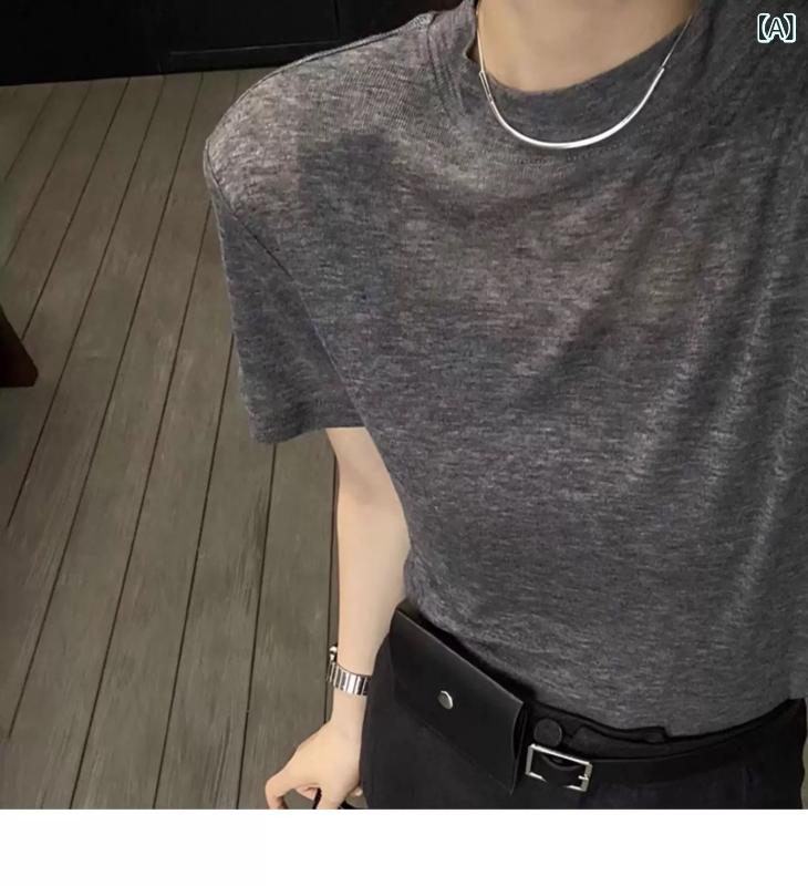 レディース Tシャツ トップス 半袖 短袖 薄手 羊毛混紡 天丝 丸首 ニット 緩い スリム 純色 ソフト 気質 通勤 快適 休闲 灰 黒 春季