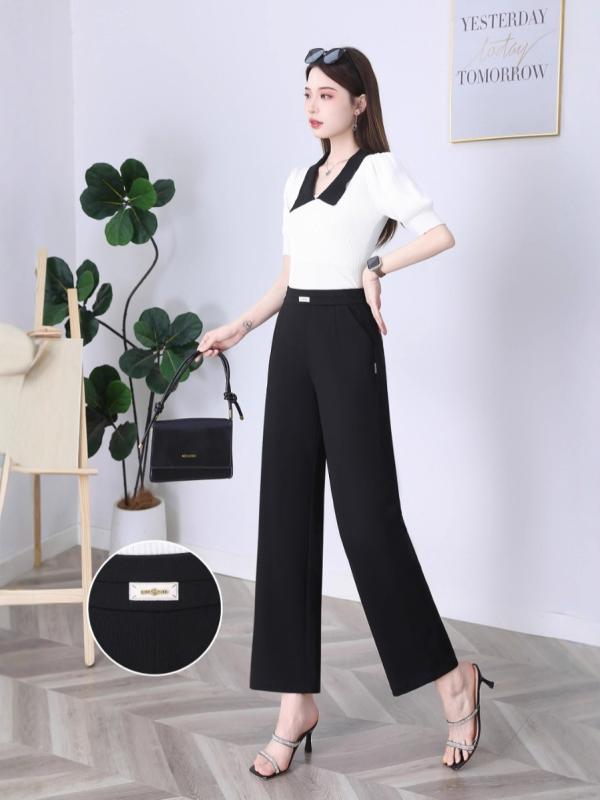 スラックス レディース ハイウエスト ストレート パンツ センタープレス カジュアル 薄手 伸縮性 美脚 ウエストゴム オールシーズン 通勤 オフィス 着回し 普段使い remake-buddy-10765956 リメイクバディー パッケージ画像