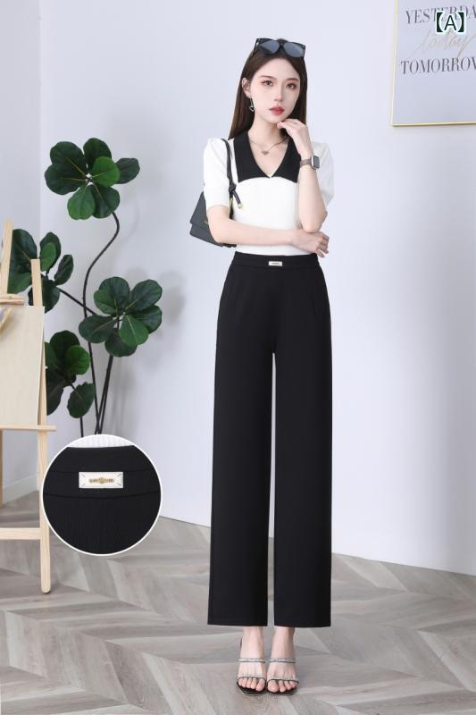 スラックス レディース ハイウエスト ストレート パンツ センタープレス カジュアル 薄手 伸縮性 美脚 ウエストゴム オールシーズン 通勤 オフィス 着回し 普段使い remake-buddy-10765956 リメイクバディー サンプル画像2