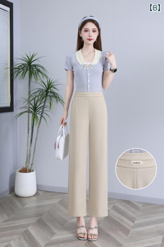 スラックス レディース ハイウエスト ストレート パンツ センタープレス カジュアル 薄手 伸縮性 美脚 ウエストゴム オールシーズン 通勤 オフィス 着回し 普段使い remake-buddy-10765956 リメイクバディー サンプル画像3