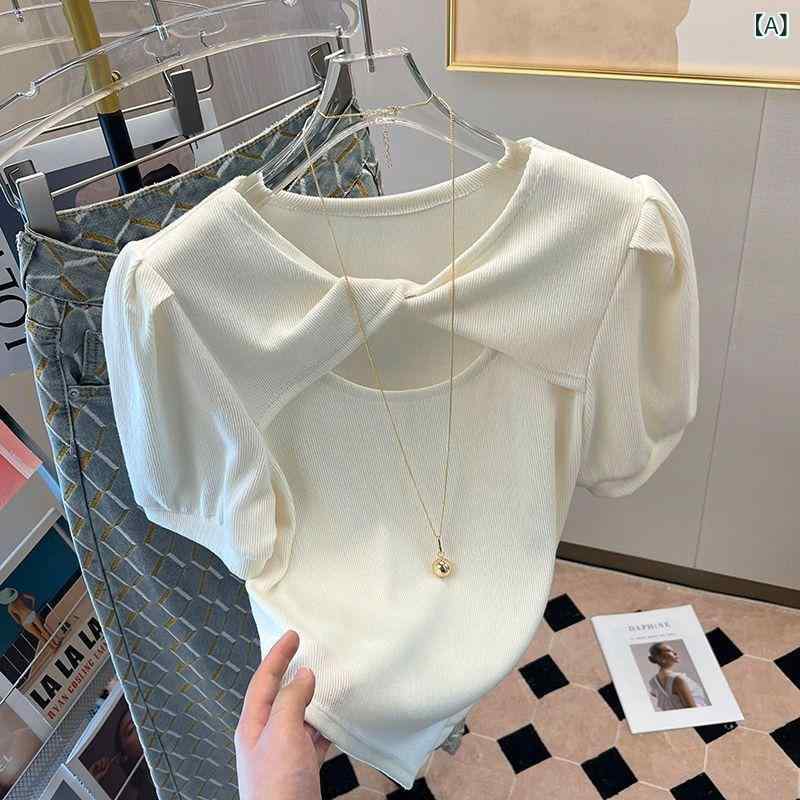 樂天商城 - レディース Tシャツ 緑 短袖 泡泡袖 トップス 夏季 韓系 デザイン 丸首 セットアップ 空き編み ポリエステル 接触冷感 純色 普通丈 快適 休闲 かわいい 心機 螺紋 アイボリー ブラック