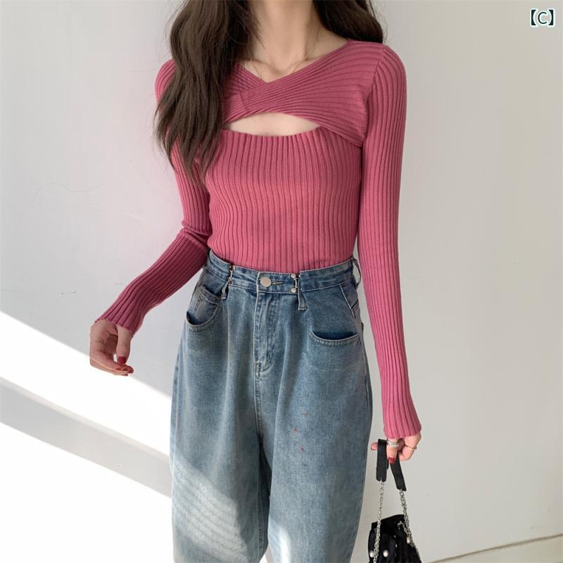ニット トップス 長袖 Vネック 修身 デザイン 刺繍 切り替え 秋冬 女性用 日韓 スタイル 快適 ポリエステル 素材 単品 ブラウス セーター 薄手 普通丈 純色 セットアップ なし メンズ なし 黒 ピンク ベージュ ネイビー remake-buddy-10530753 リメイクバディー サンプル画像3
