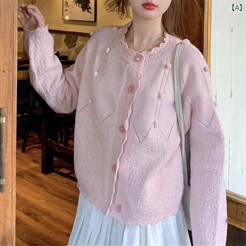 ニット カーディガン レディース 秋冬 長袖 かわいい 花柄 刺繍 クロシェ デザイン 丸首 ボタン ピンク 白 ポリアミド ポリウレタン 混紡 ソフト 軽量 清新 甘め スタイル 通勤 デート 普段使い 柔らかい 肌触り 優しい 風合い 女性 上品 ト