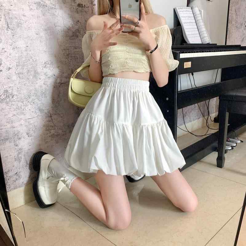 Rakuten - 半身スカート 花苞スカート 女性用 短丈 フレアスカート ハイウエスト 春夏 気質 通勤 都市風 快適 休闲 純色 白色 黒 涤纶 聚酯繊維 軽量 スリム スタイル かわいい 日常使い
