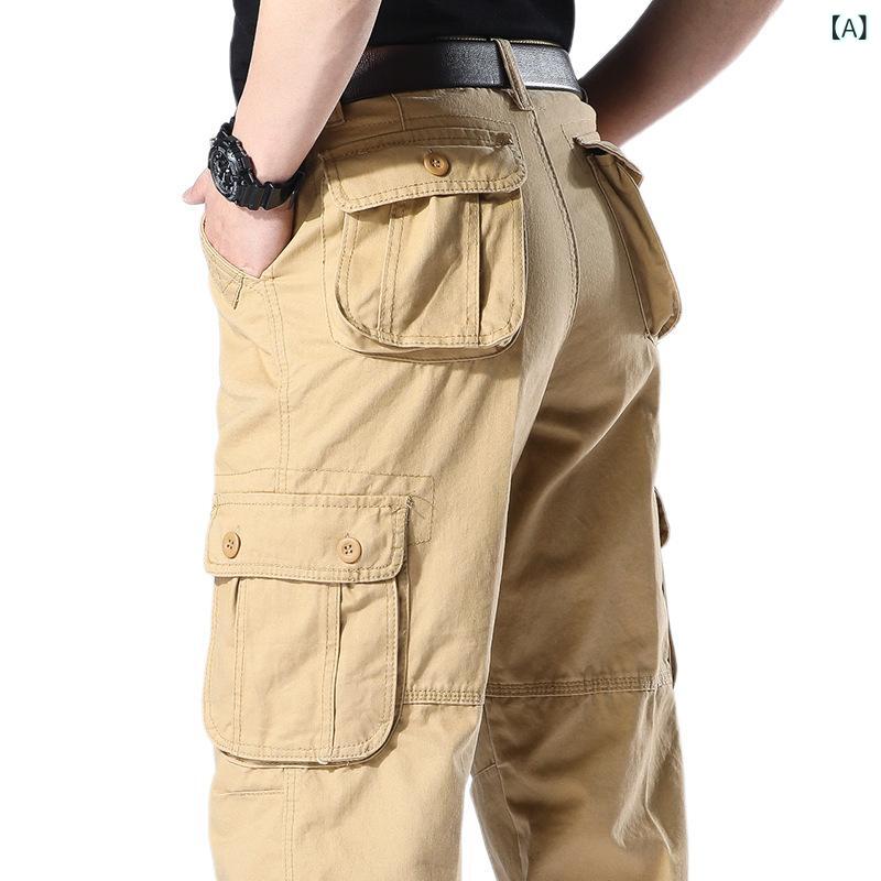 Rakuten - 春と 秋の 厚手の アウトドア カジュアルな 服装の ズボンの 男性の 登山の 多い ポケットの 大きい サイズの まっすぐな 筒の ゆったり した 戦術の 純綿の ズボン