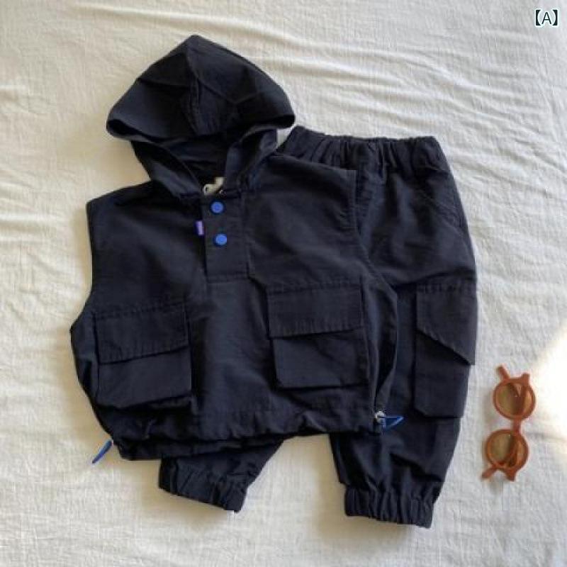 男の子 キッズ セットアップ 夏服 コットン 無袖 薄手 純色 連帽マスタード ベース...