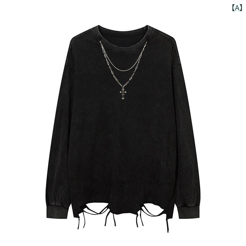 Men's Clothing - メンズ Tシャツ 長袖 トップス 純色 綿100% 吸湿排汗 落肩袖 丸首 ゆったり 破れ加工 ワッシング加工 金属装飾 日常使い 秋 黒 灰 ローズ 白色 青年向け