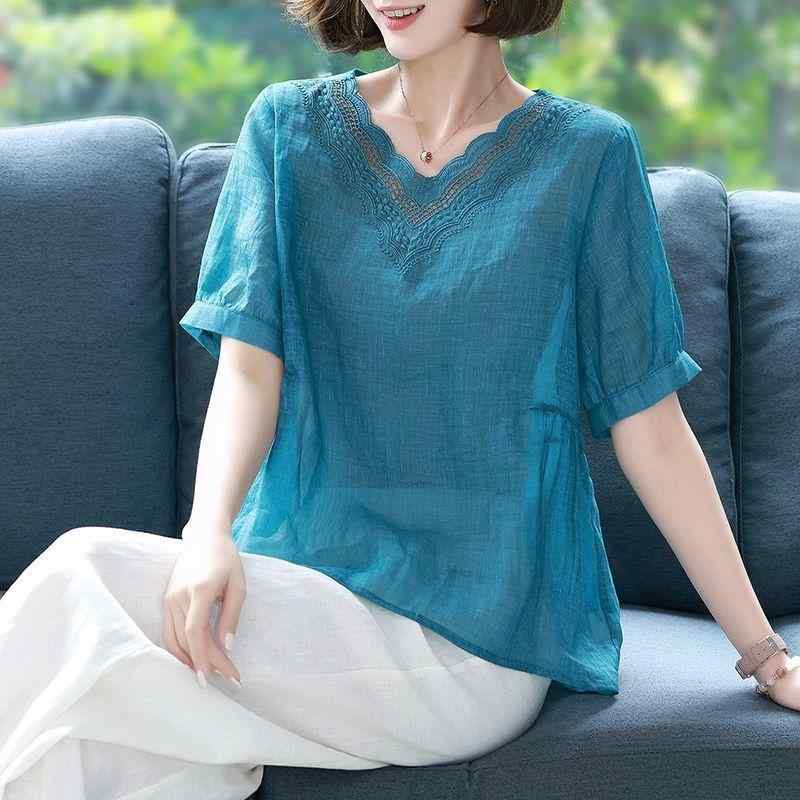 Tops - レディース トップス 綿麻 短袖 Vネック ワイドフィット 刺繍 切り替え 透かし シャツ 気質 通勤 快適 休闲 夏 ブルー