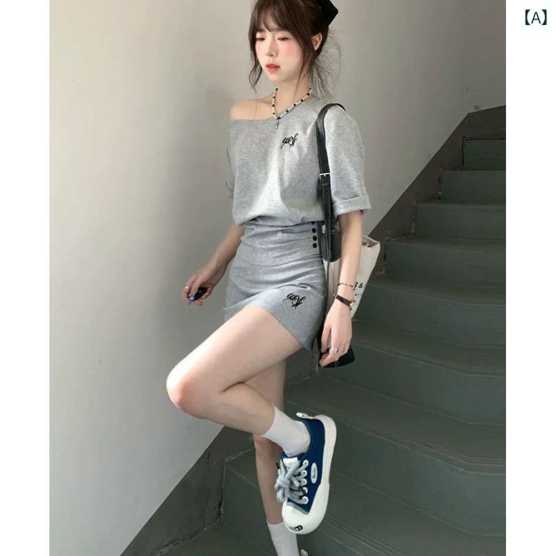 レディース 夏服 セットアップ 斜め肩 ワンピース風 ゆったり ウエストマーク 短袖 トップス スリム 効果 ミニ スカート 2点セット ポリエステル 素材 刺繍 加工 刺繍 花柄 車縫い ステッチ 清新 甘め スタイル 爽やか かわいい 普段使い デー