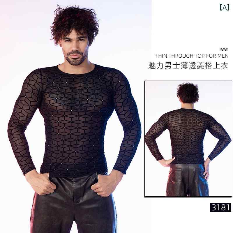 Other - メンズ Tシャツ 長袖 透け感 黒 修身 格子柄 植绒 立体菱形 ポリエステル 高弾性 透気性 薄手 セットアップ ティーンエイジャー ダンス 幾何学模様 烫钻 ライトマチュア カジュアル