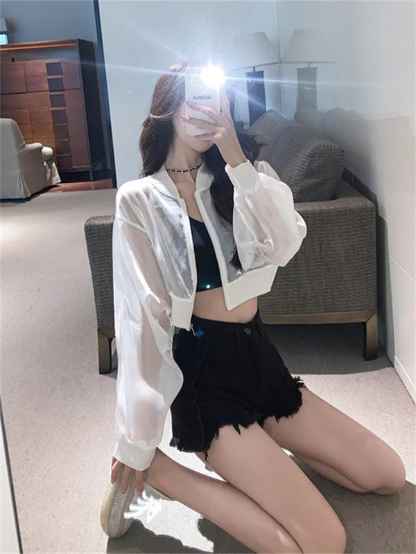 Other - レディース 防晒服 夏 薄手 韓国風 透明 流光 短め 長袖 開衫 アウター トップス 灰 白色 ポリエステル ワイドシルエット 立襟 ジッパー 気質 通勤 個性 ストリート
