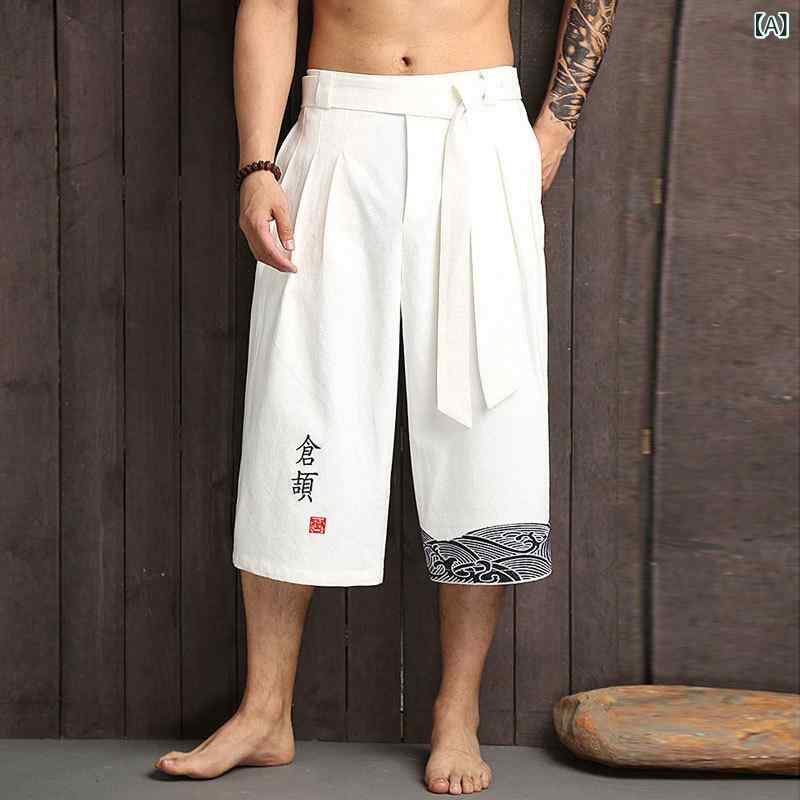 乐天商城 - メンズ 七分丈パンツ 男性用 ショートパンツ 麻混紡 キャラコパンツ ゆったりシルエット 中腰 ウエストゴム 紐留め 無地 ライトウェイト 直筒裾 アイロン不要 白色 黒 紺 夏 日常使い ビーチ カジュアル ティーンエイジャー ゆったり 軽量 通気性